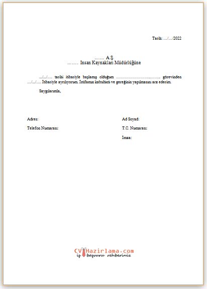 istifa dilekçesi örneği word